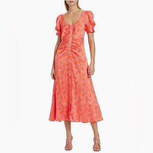 Cinq à Sept Ruched Satin Midi Dress Button Front Summer Waves Orange Pink 4 NWT